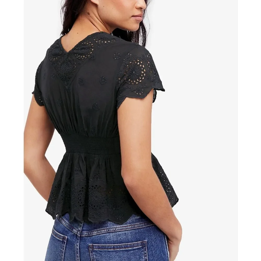 New! FREE PEOPLE Cutout Eyelet Black Top With Peplum Short Sleeve Size Small